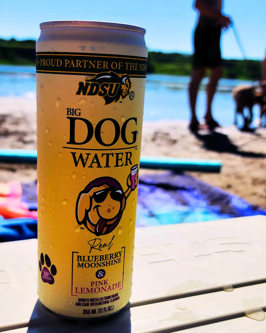 Can of Big Dog Water blueberry moonshine and pink lemonade at the lake